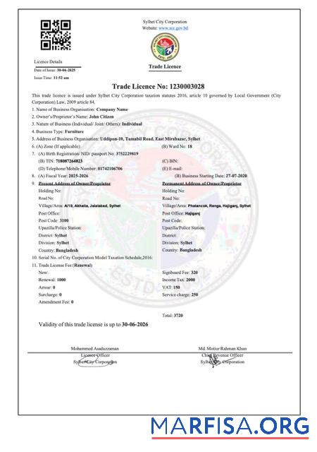 Realistic Bangladesh Sylhet trade license Word and PDF template